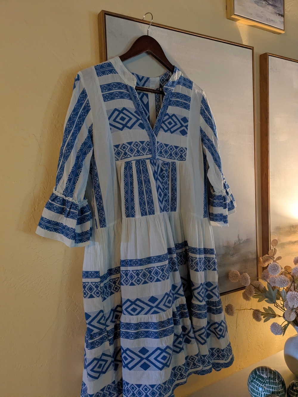 Made In Greece Blue and White Cotton Patterned Boho Dress Size L